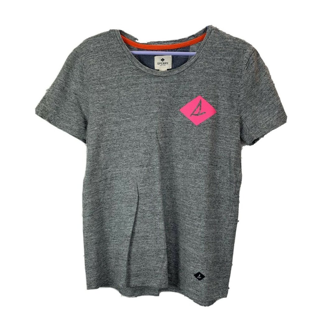 Sperry T Shirt size L Gray Pink Logo Womens Short Sleeve Top Cotton Comfort